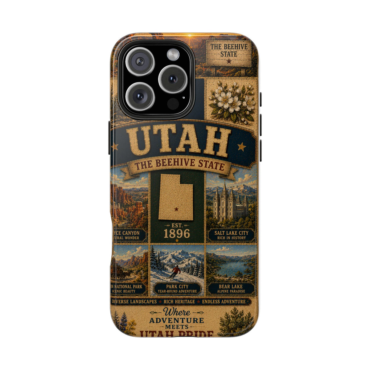 Utah Faux Patchwork Phone Case The Beehive State Vintage Travel Poster Retro State Pride Cover Est 1896