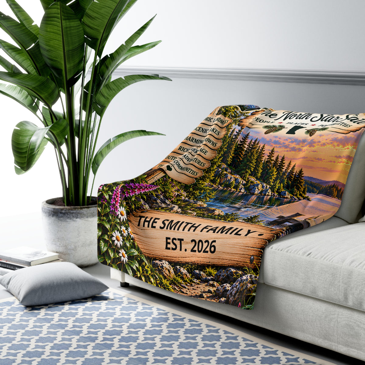 Minnesota Personalized Sherpa Fleece Blanket, North Star State Lakes Northwoods Custom Family Name Gift