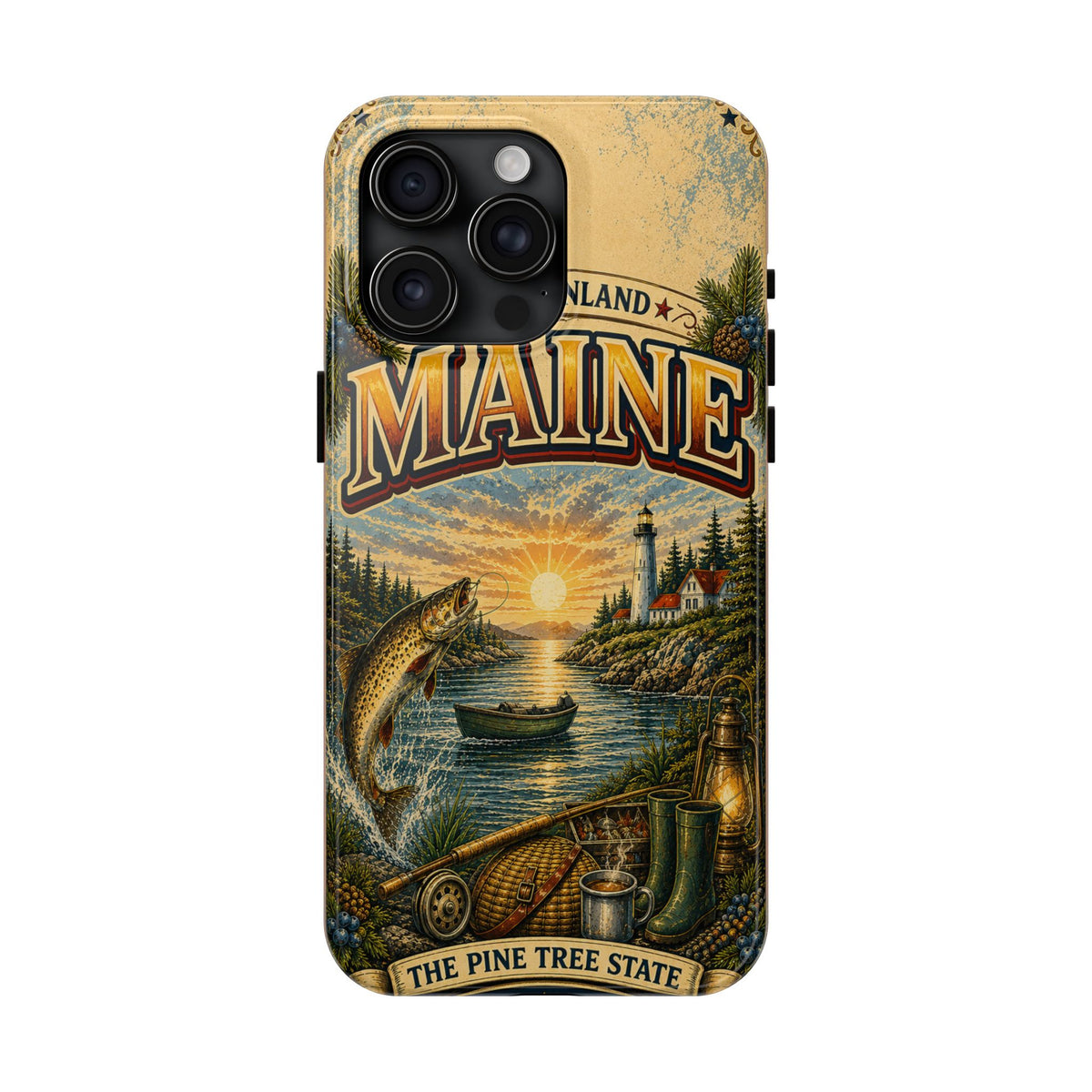 Maine Vacationland Faux Patchwork Phone Case – Vintage Travel Poster Style Coastal Maine Souvenir Cover for iPhone & Samsung