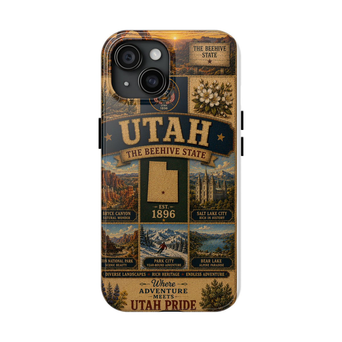 Utah Faux Patchwork Phone Case The Beehive State Vintage Travel Poster Retro State Pride Cover Est 1896