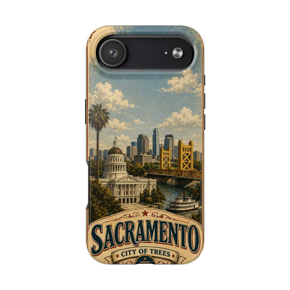 Sacramento City of Trees Faux Patchwork Phone Case Vintage California Landmark Travel Poster Cover