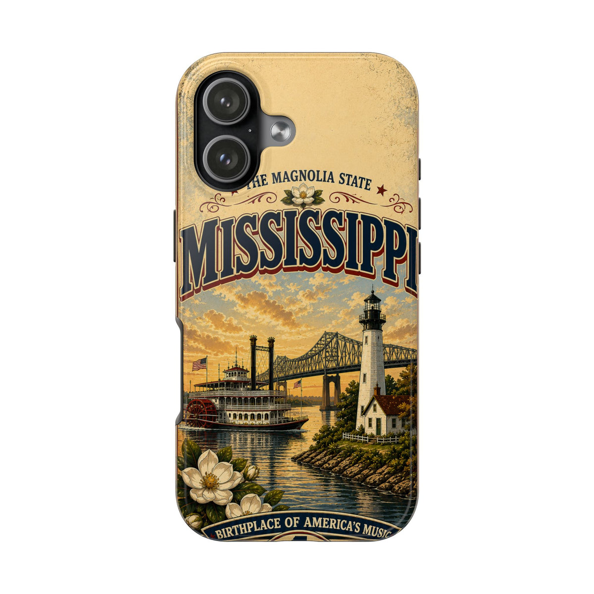 Mississippi Magnolia State Faux Patchwork Phone Case – Vintage Travel Poster Riverboat Lighthouse Design for iPhone & Samsung