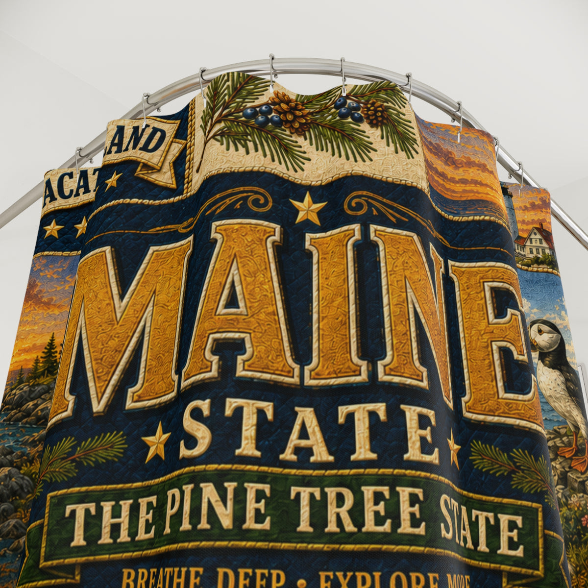 Maine Shower Curtain, Vacationland Coastal Decor, Pine Tree State Faux Patchwork, New England Bathroom Decor