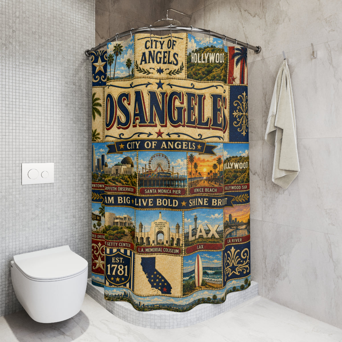 Los Angeles Shower Curtain, City of Angels Decor, Hollywood Coastal Faux Patchwork, California Bathroom Decor