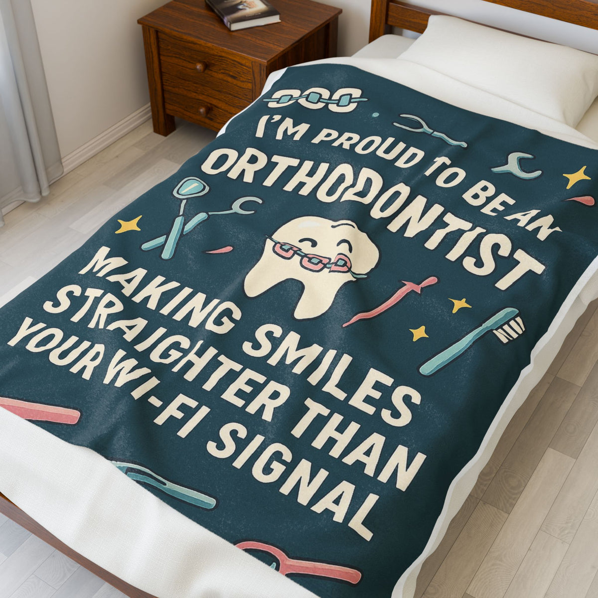 Orthodontist Velveteen Blanket – Funny Straight Smiles & Wi-Fi Humor Gift Throw