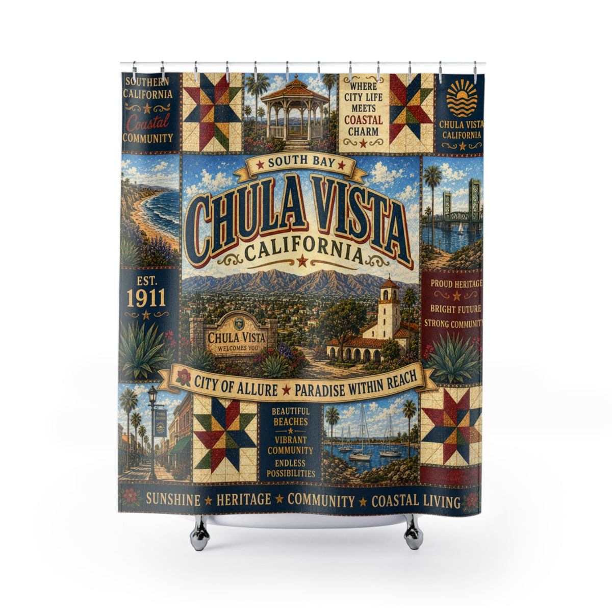 Chula Vista California Shower Curtain Coastal Charm Faux Patchwork South Bay City Landmark Bathroom Decor