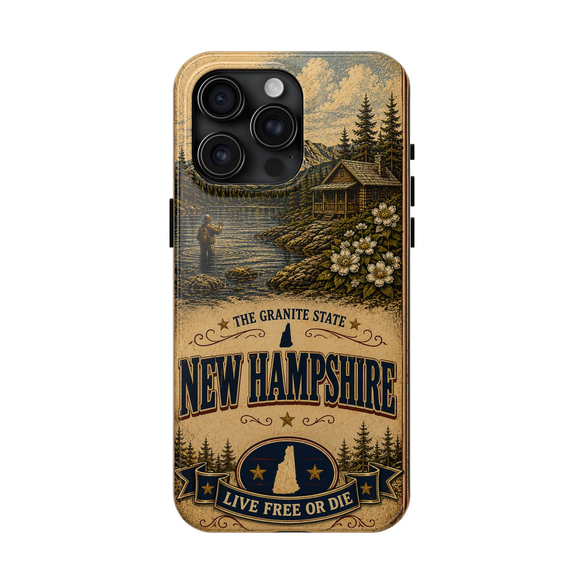 New Hampshire Faux Patchwork Phone Case Live Free or Die Granite State Vintage Travel Poster iPhone 17 Samsung S26 Cover