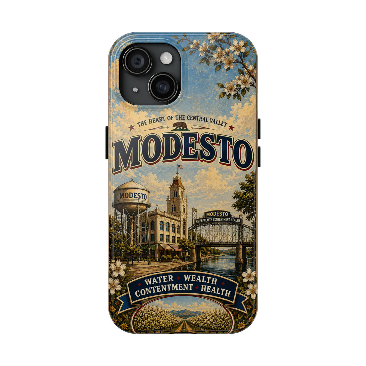 Modesto Faux Patchwork Phone Case – Central Valley Heritage Retro Travel Art, Orchard & Waterfront Cover