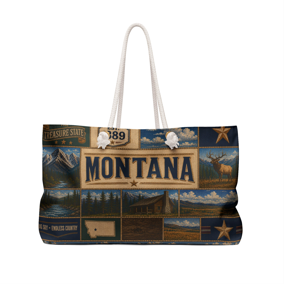 Montana Weekender Bag Treasure State Faux Patchwork Travel Tote Big Sky Country Mountain Adventure Souvenir Gift