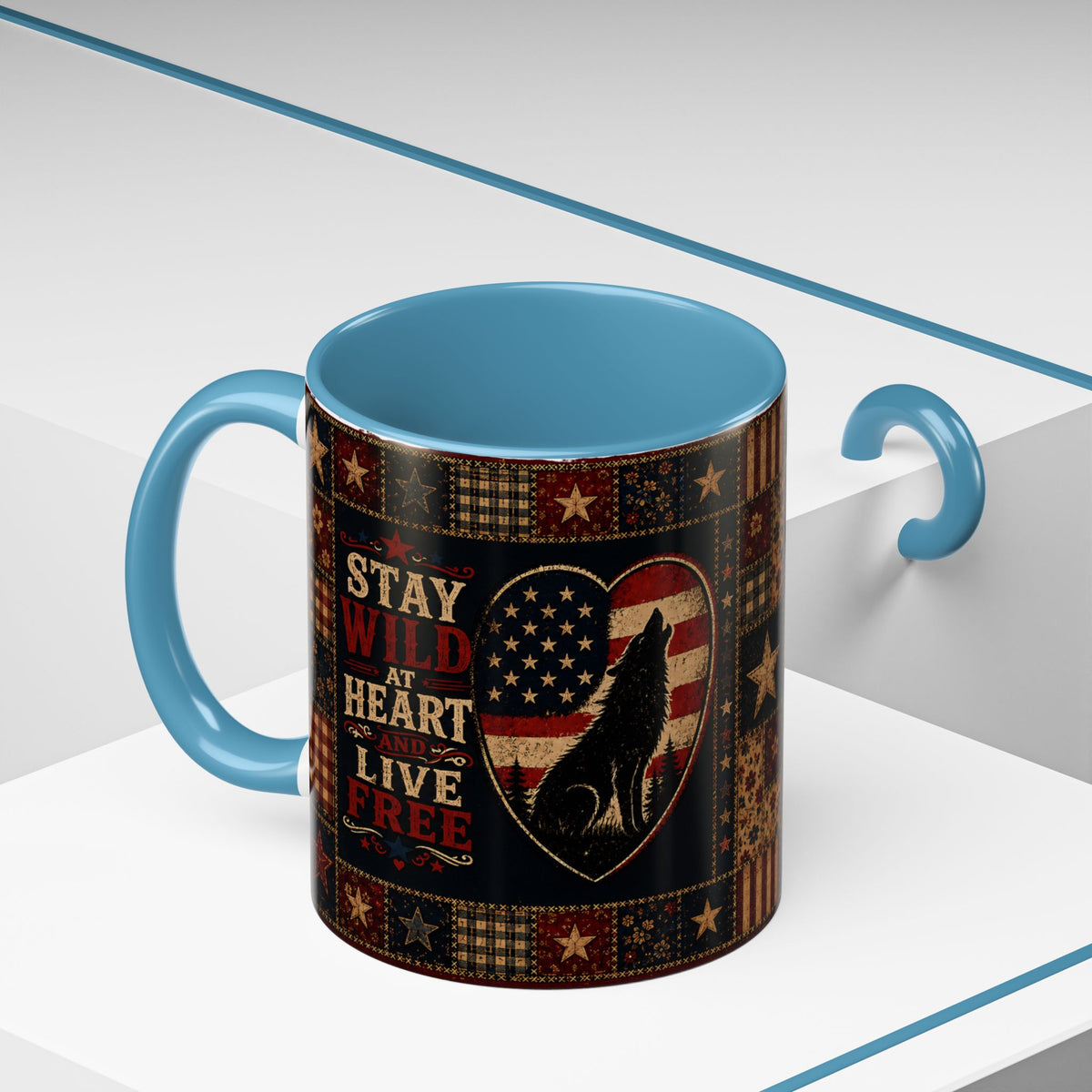 Patriotic Wolf Coffee Mug - "Stay Wild at Heart, Live Free" Accent Mug