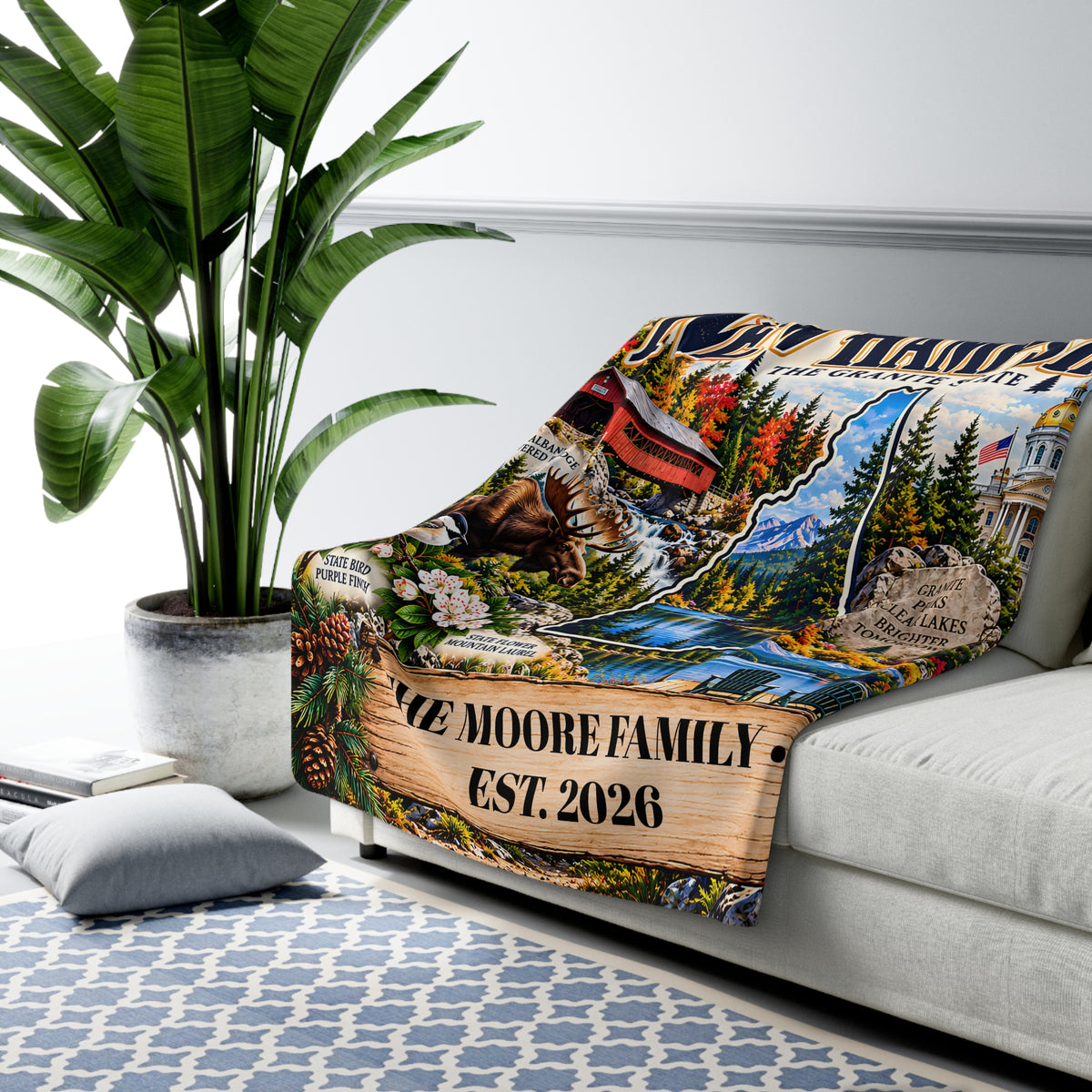 New Hampshire Personalized Sherpa Blanket, Granite State Mountains Moose Custom Family Name Gift