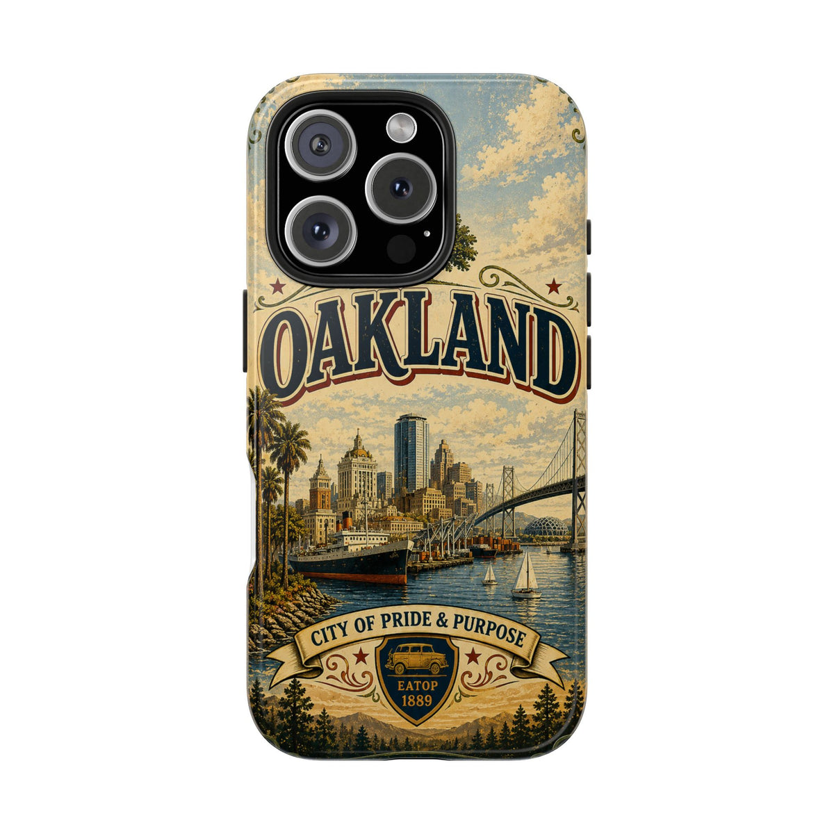 Oakland Bay Heritage Faux Patchwork Phone Case – City of Pride & Purpose Vintage Skyline Art Cover