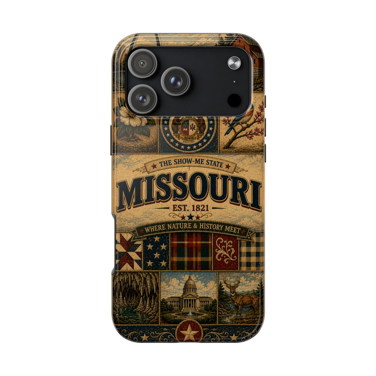 Missouri Show Me State Faux Patchwork Phone Case – Vintage Travel Poster Gateway Arch & Riverboat Cover for iPhone & Samsung