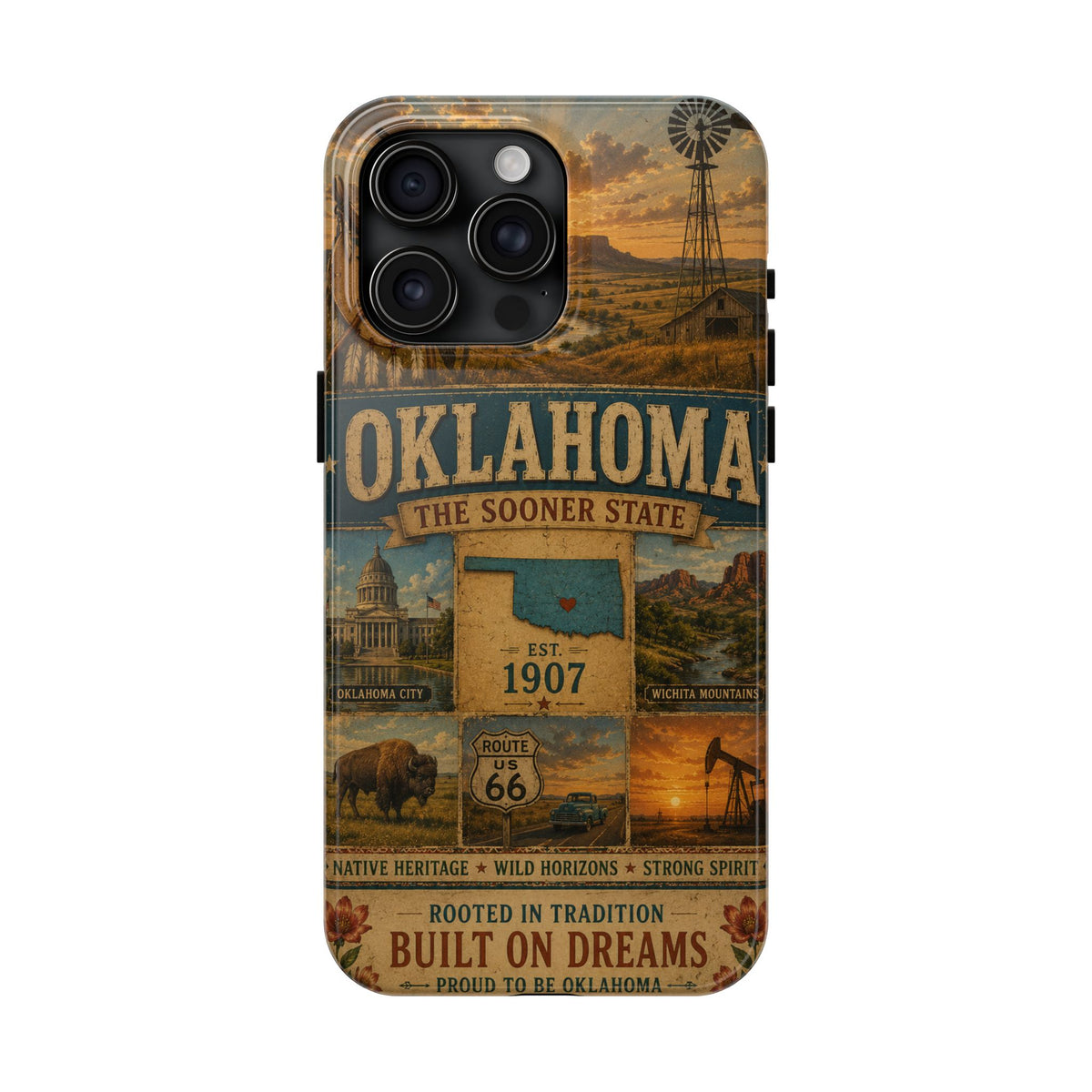 write me a title and product description for this United State phone case with Slogan  "Oklahoma Faux Patchwork Phone Case The Sooner State Vintage Travel Poster Retro State Pride Cover Est 1907"...