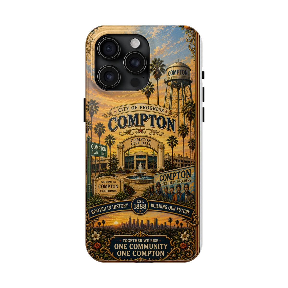 Compton Heritage Tough PhoCompton California Vintage Travel Phone Case City of Progress Retro Skyline Landmark Coverne Case — "One Community, One Compton" Vintage City Design