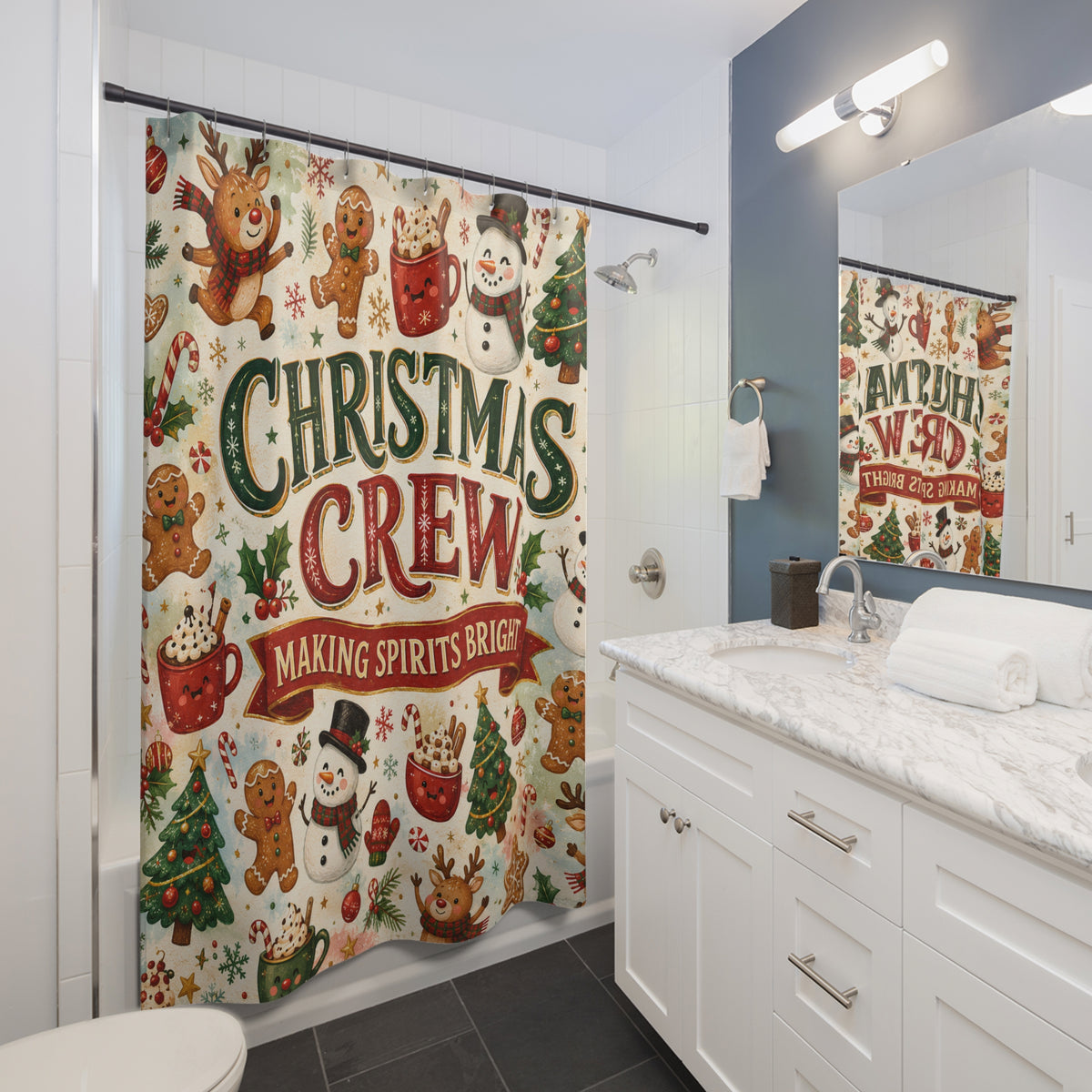 Christmas Crew Shower Curtain Making Spirits Bright Reindeer Gingerbread Snowman Cocoa Holiday Bathroom Decor