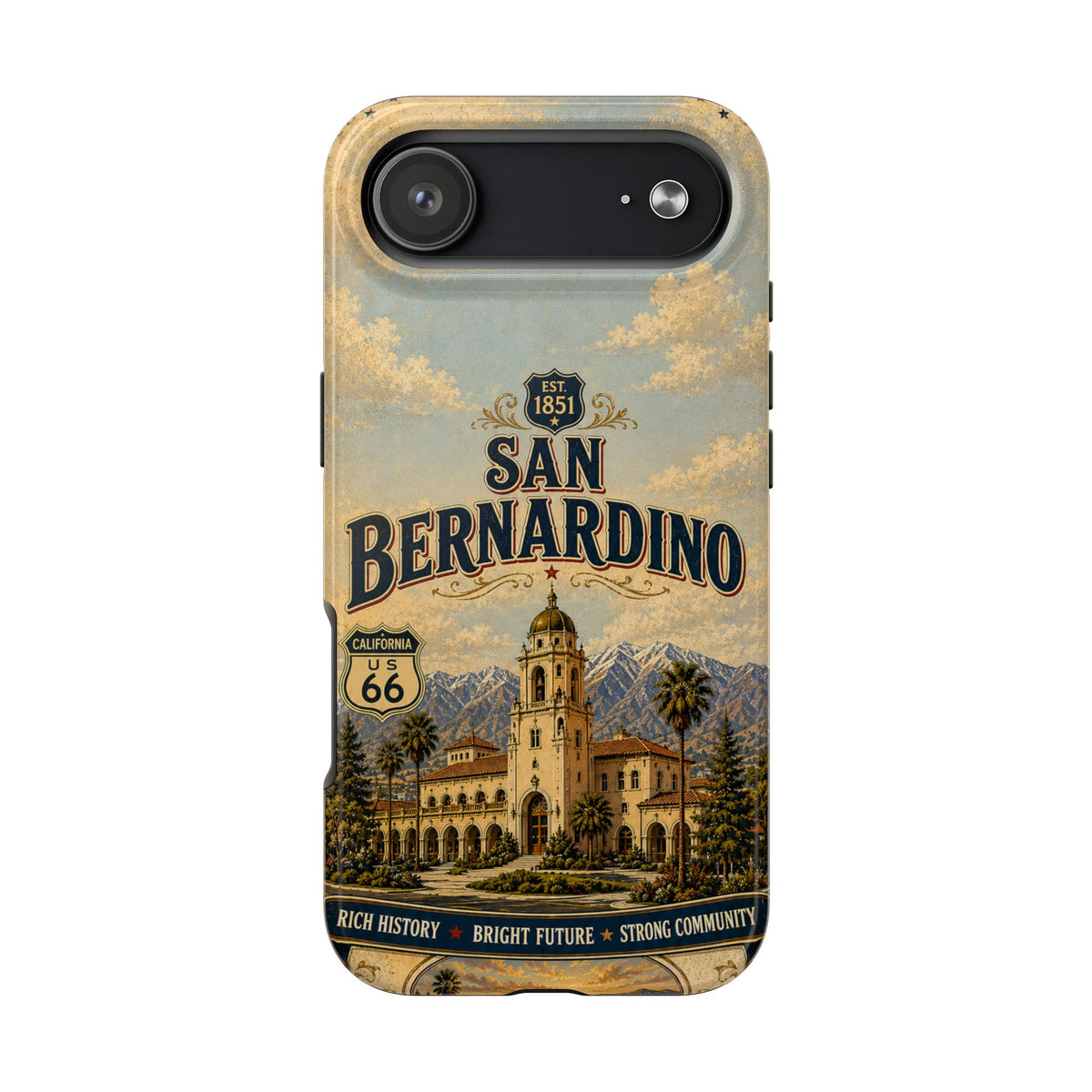 San Bernardino Route 66 Faux Patchwork Phone Case Vintage California Travel Poster Mountain Landmark Cover
