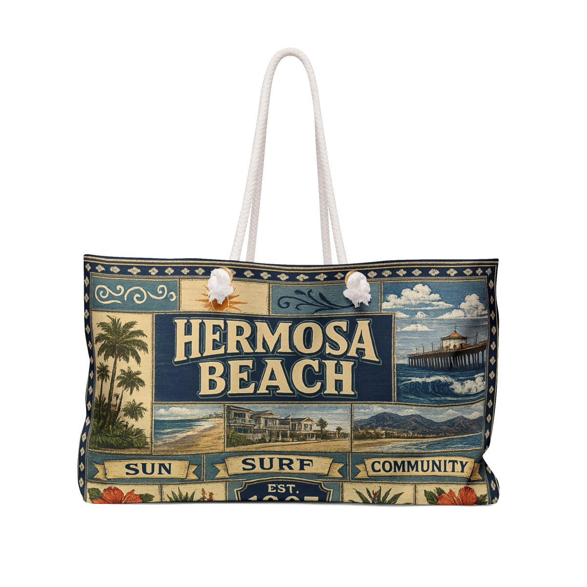 Hermosa Beach California Weekender Bag Sun Surf Community Faux Patchwork Travel Tote Coastal Beach Getaway Gift