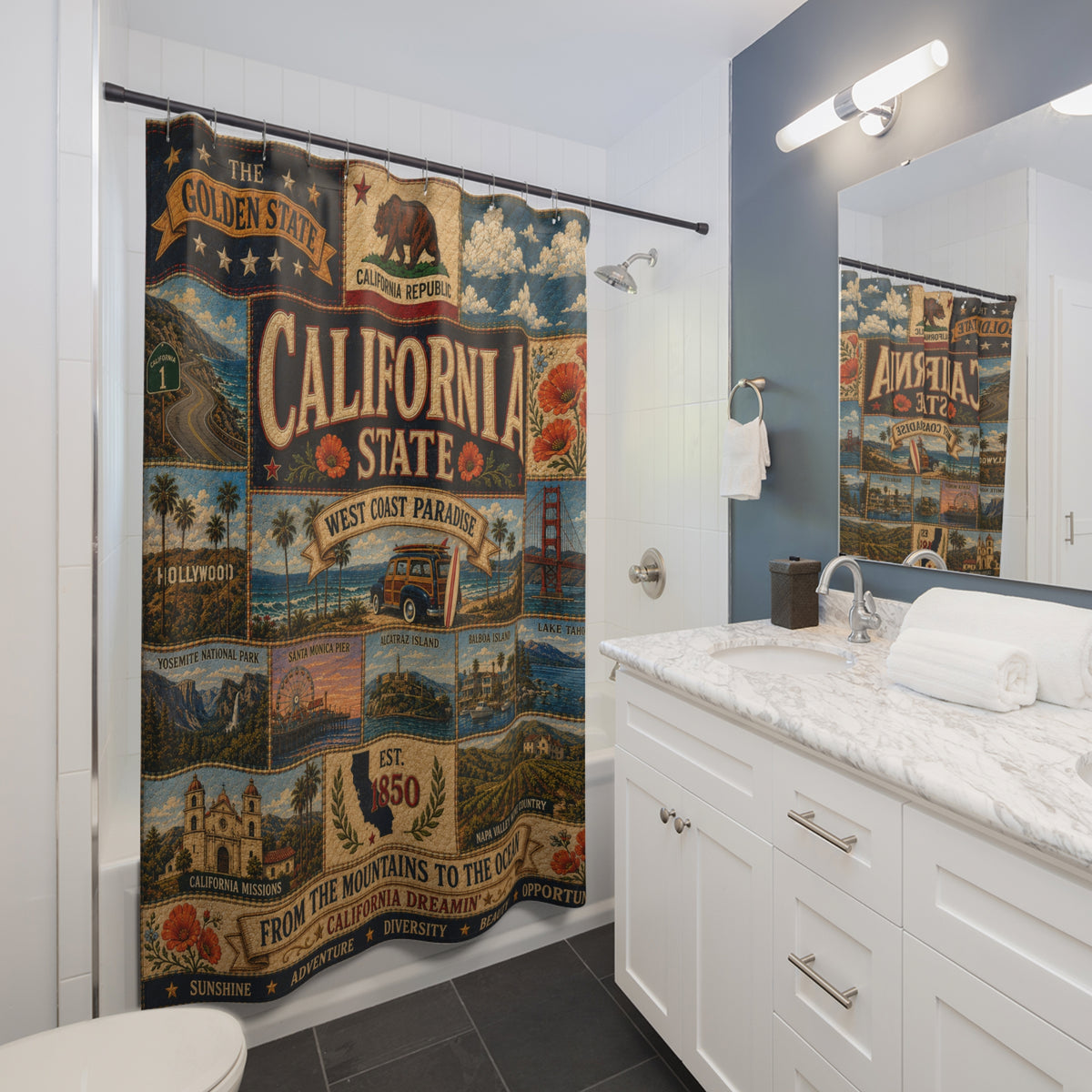 California State Shower Curtain Golden State Faux Patchwork West Coast Paradise Iconic Landmarks California Dreamin Bathroom Decor