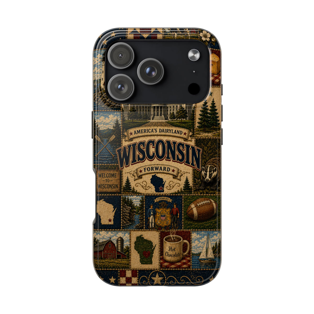 Wisconsin Faux Patchwork Phone Case Americas Dairyland Retro Barn Lighthouse Forward State Pride Cover