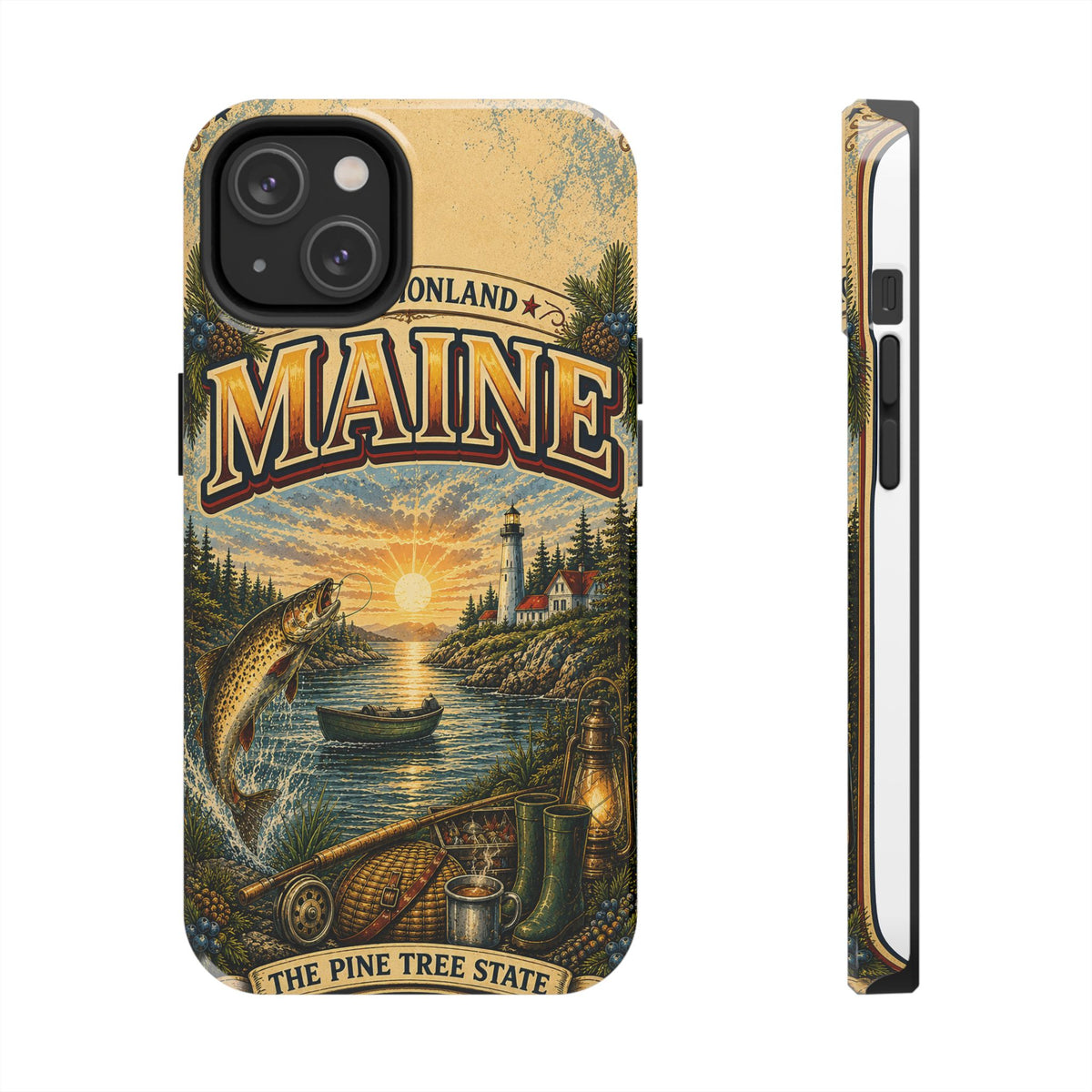 Maine Vacationland Faux Patchwork Phone Case – Vintage Travel Poster Style Coastal Maine Souvenir Cover for iPhone & Samsung