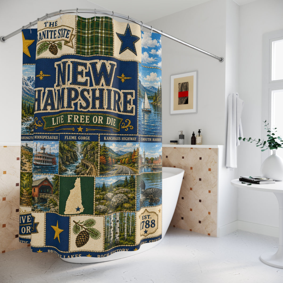 New Hampshire Shower Curtain Live Free or Die Faux Patchwork Granite State Mountain Lake Rustic Americana Bathroom Decor