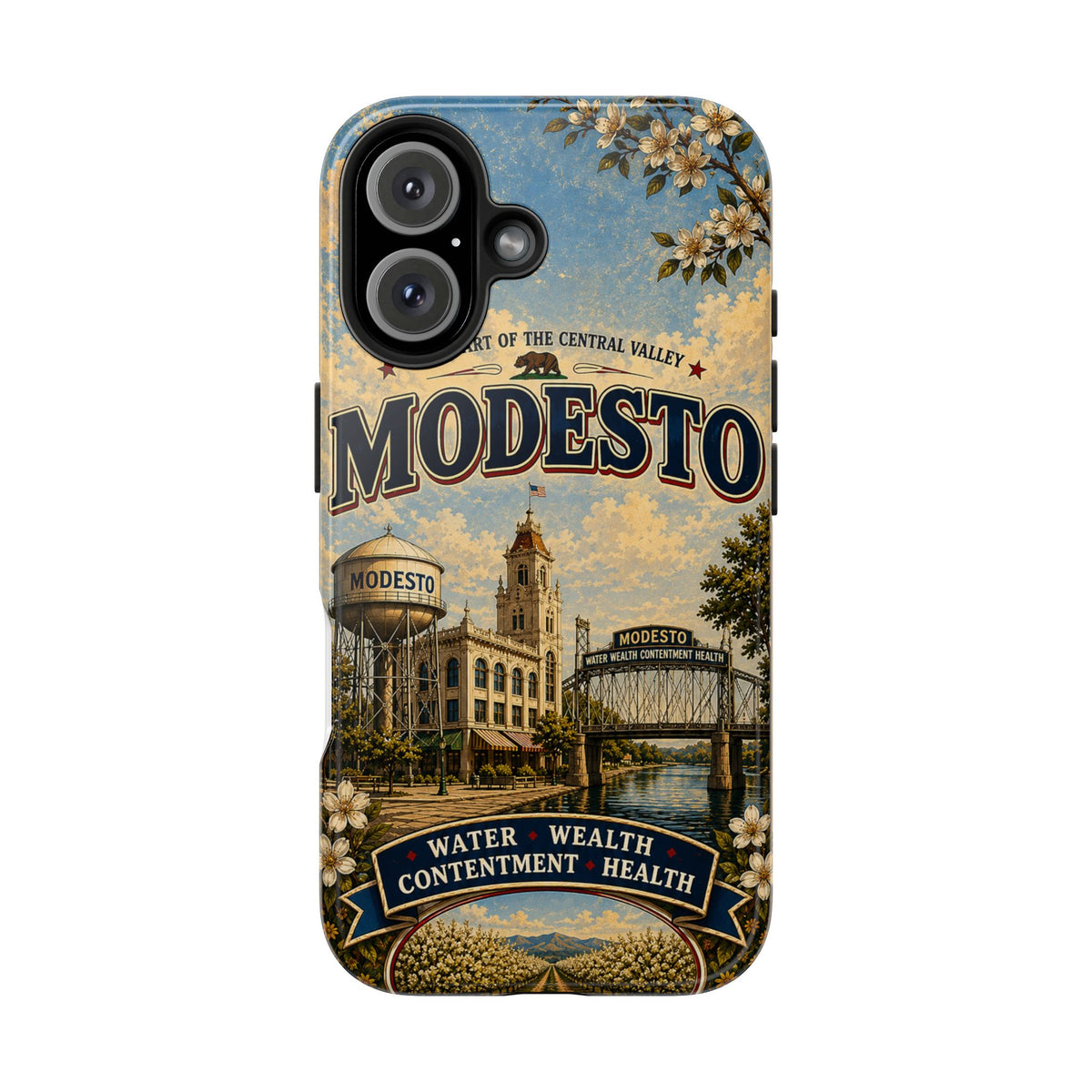Modesto Faux Patchwork Phone Case – Central Valley Heritage Retro Travel Art, Orchard & Waterfront Cover