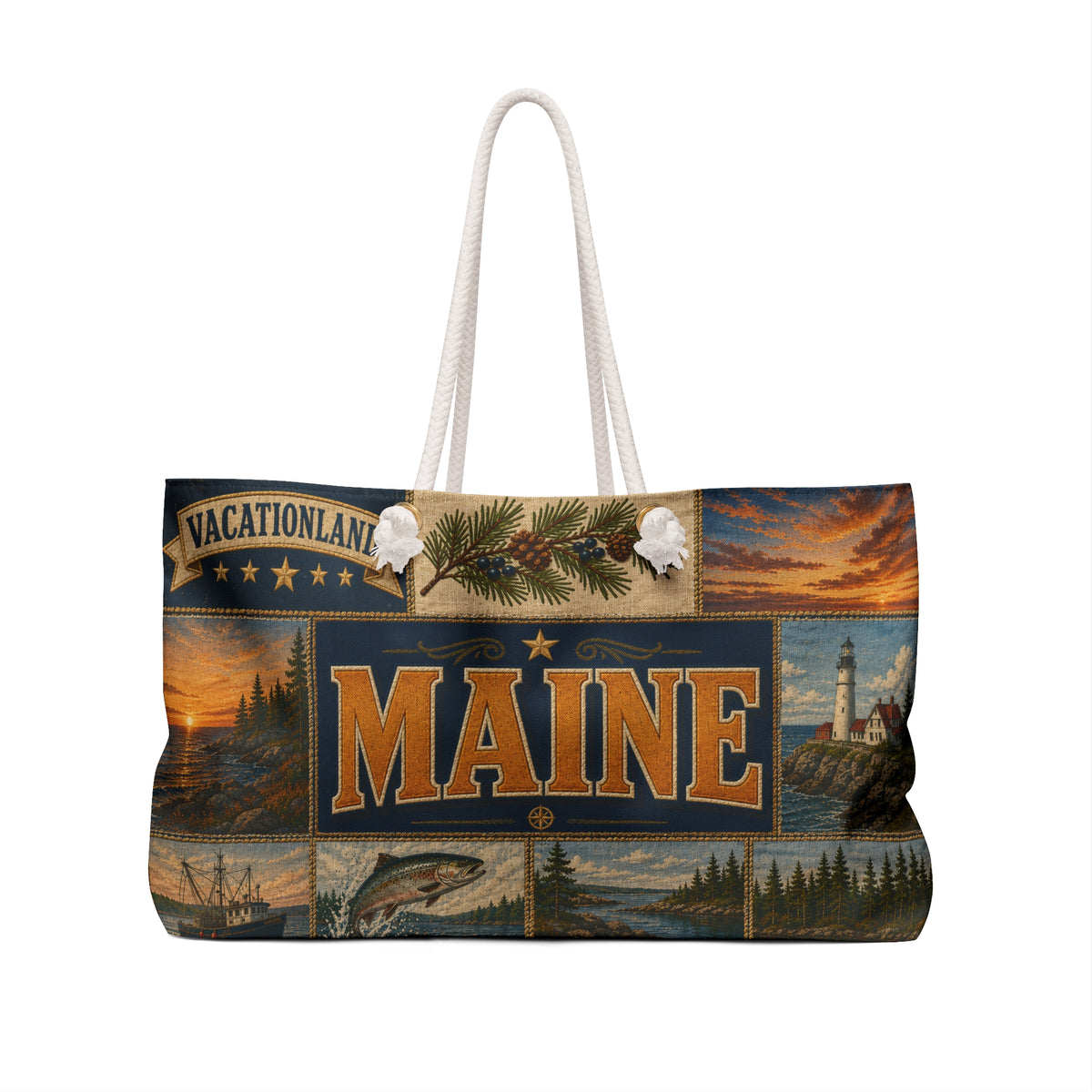 Maine Weekender Bag Vacationland Faux Patchwork Travel Tote Pine Tree State Coastal Adventure Souvenir Gift