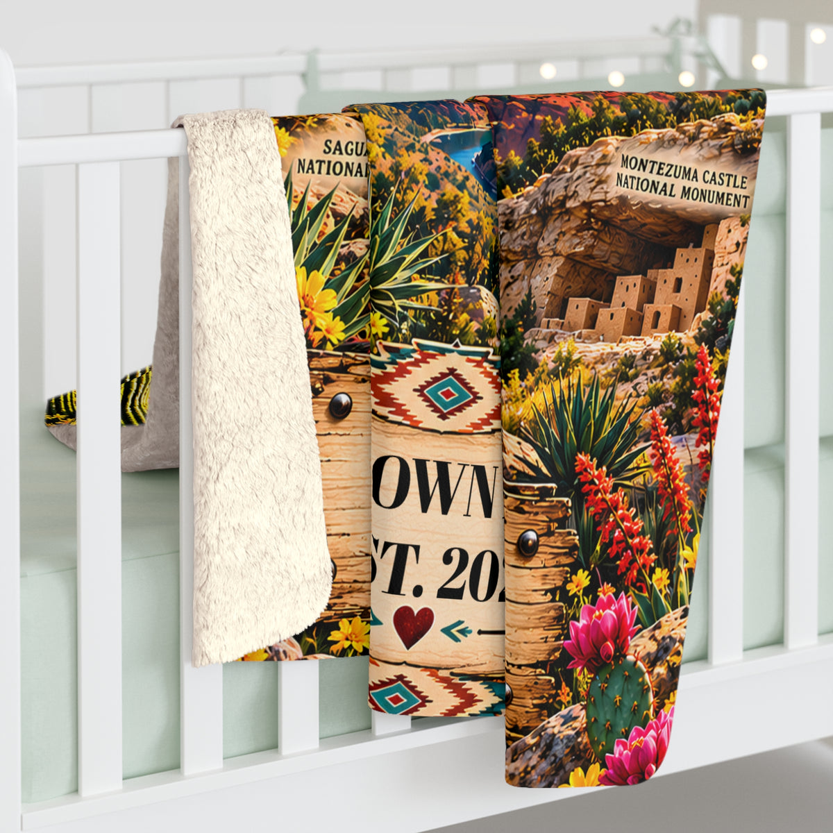 Arizona Personalized Sherpa Fleece Blanket, Grand Canyon Desert Landmarks Custom Family Name Blanket