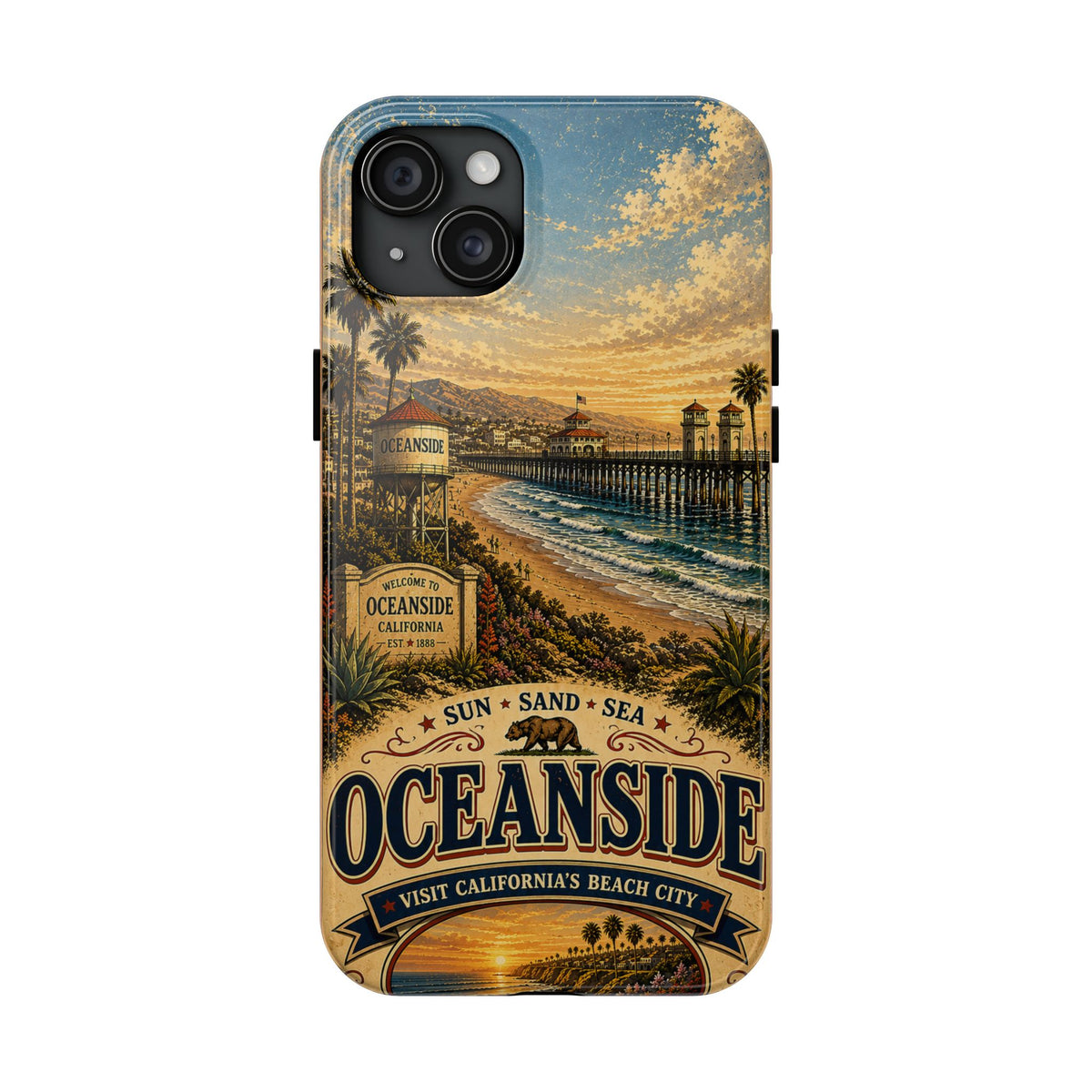 Oceanside Sunset Pier Faux Patchwork Phone Case – California Coastal Vintage Travel Art Beach Cover