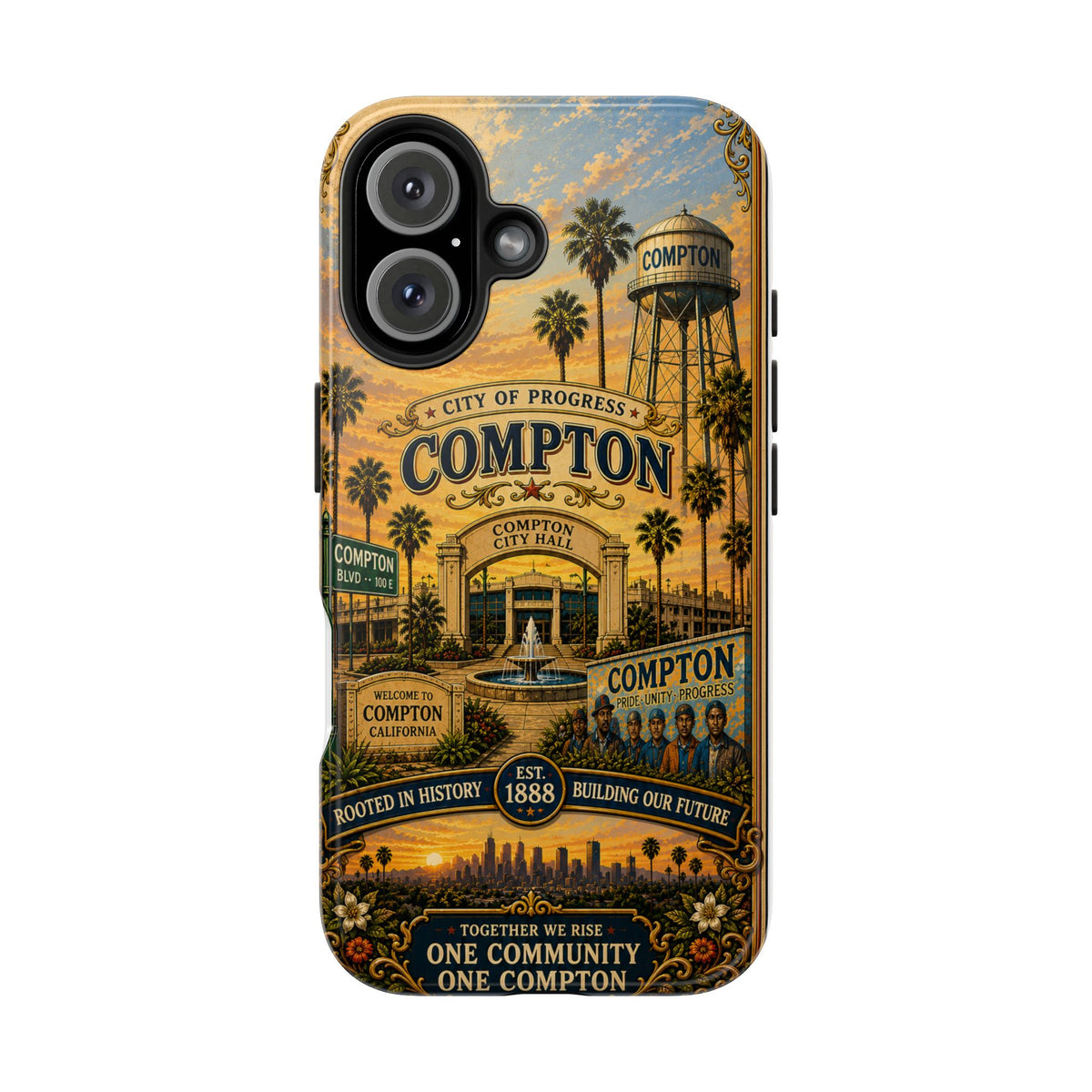 Compton Heritage Tough PhoCompton California Vintage Travel Phone Case City of Progress Retro Skyline Landmark Coverne Case — "One Community, One Compton" Vintage City Design