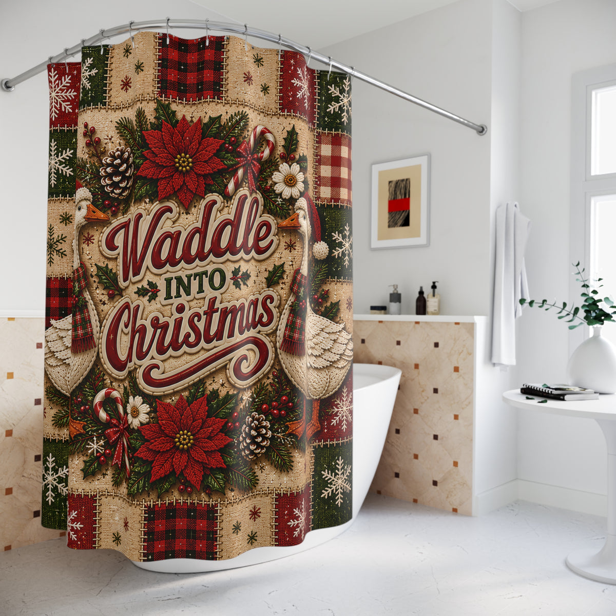 Christmas Goose Shower Curtain Waddle Into Christmas Festive Goose Faux Patchwork Rustic Farmhouse Holiday Bathroom Decor