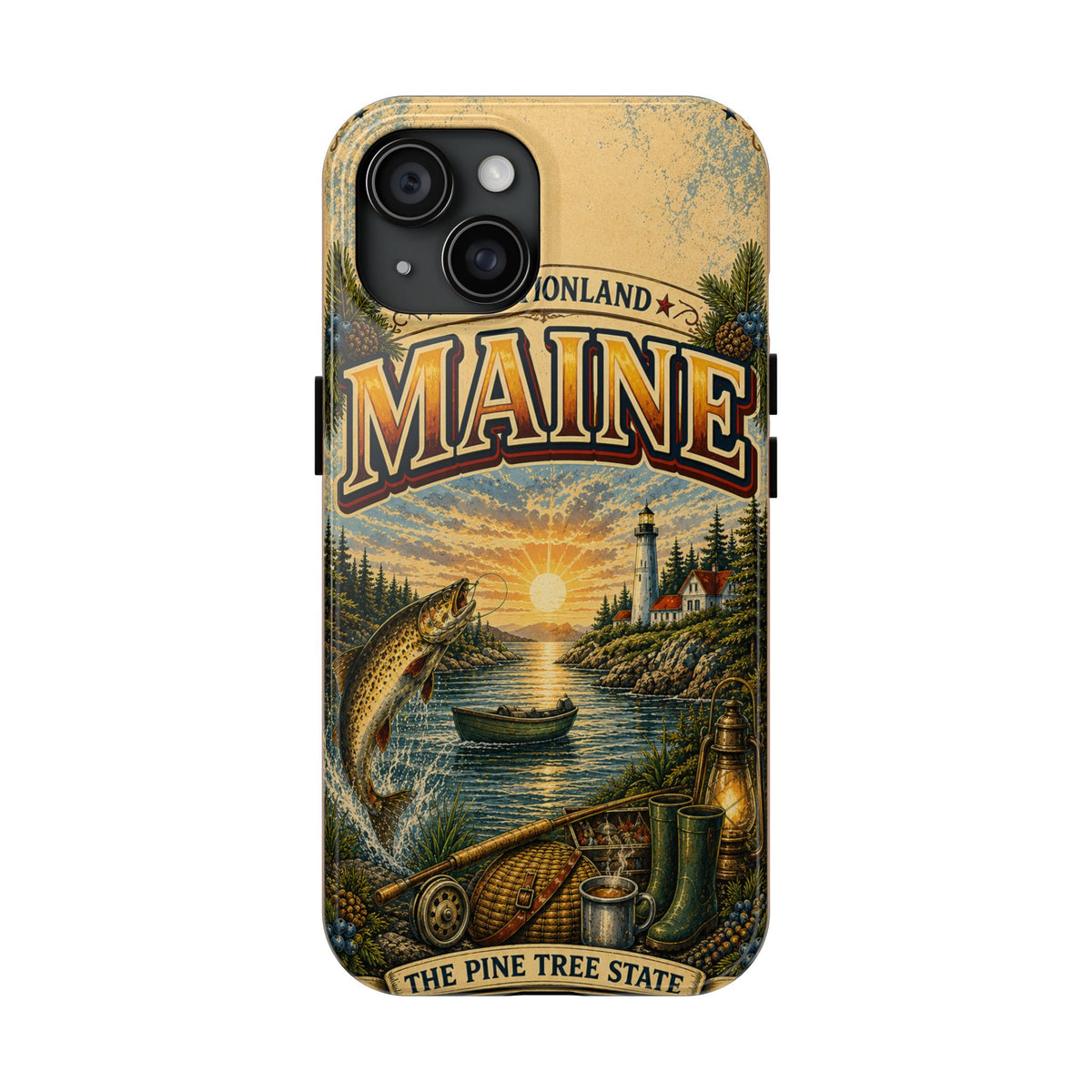 Maine Vacationland Faux Patchwork Phone Case – Vintage Travel Poster Style Coastal Maine Souvenir Cover for iPhone & Samsung
