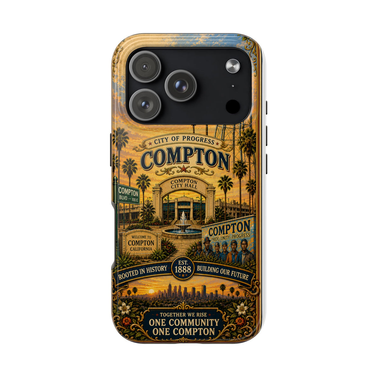 Compton Heritage Tough PhoCompton California Vintage Travel Phone Case City of Progress Retro Skyline Landmark Coverne Case — "One Community, One Compton" Vintage City Design