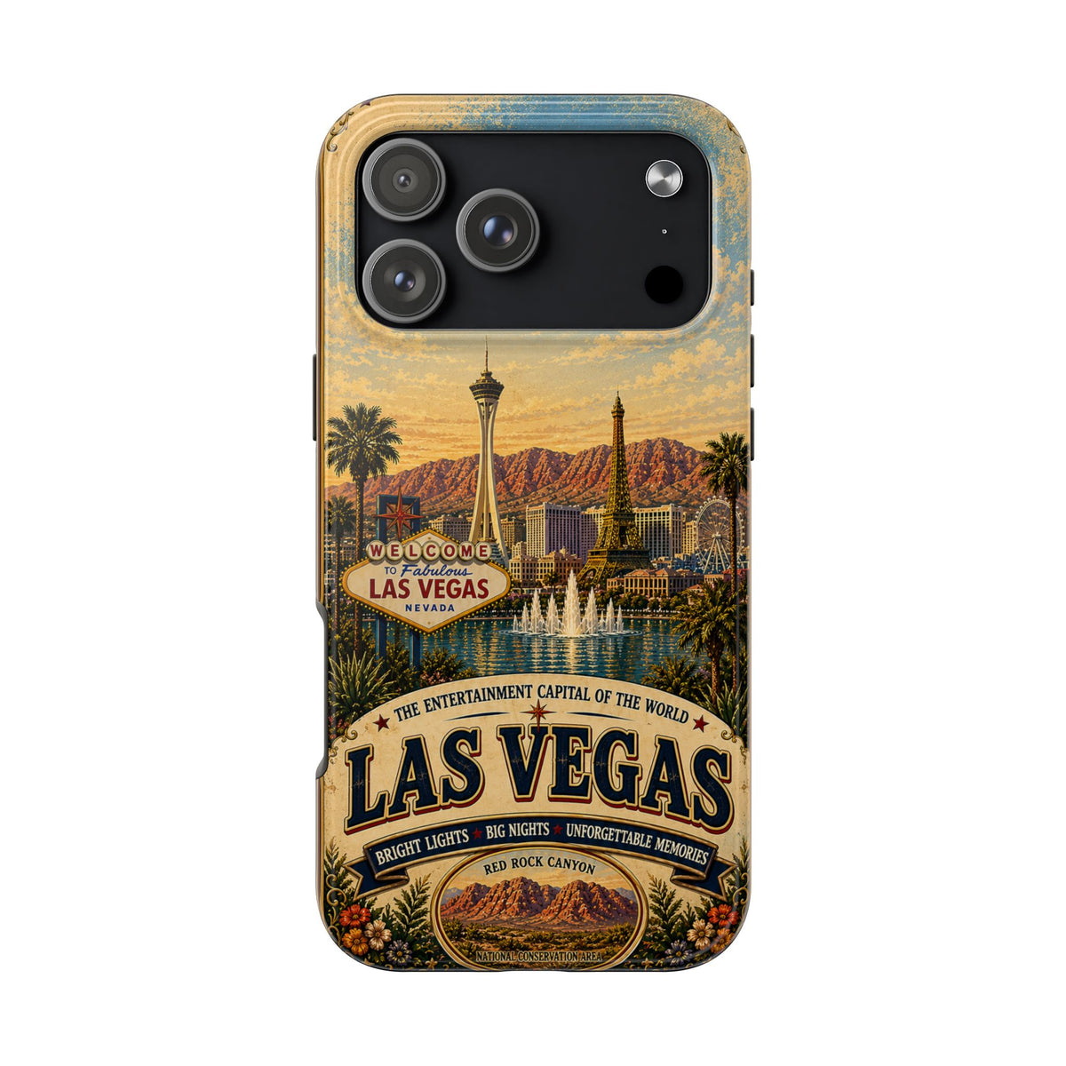 Las Vegas Faux Patchwork Phone Case – Entertainment Capital Retro Travel Art, Strip Skyline & Desert Sunset Cover