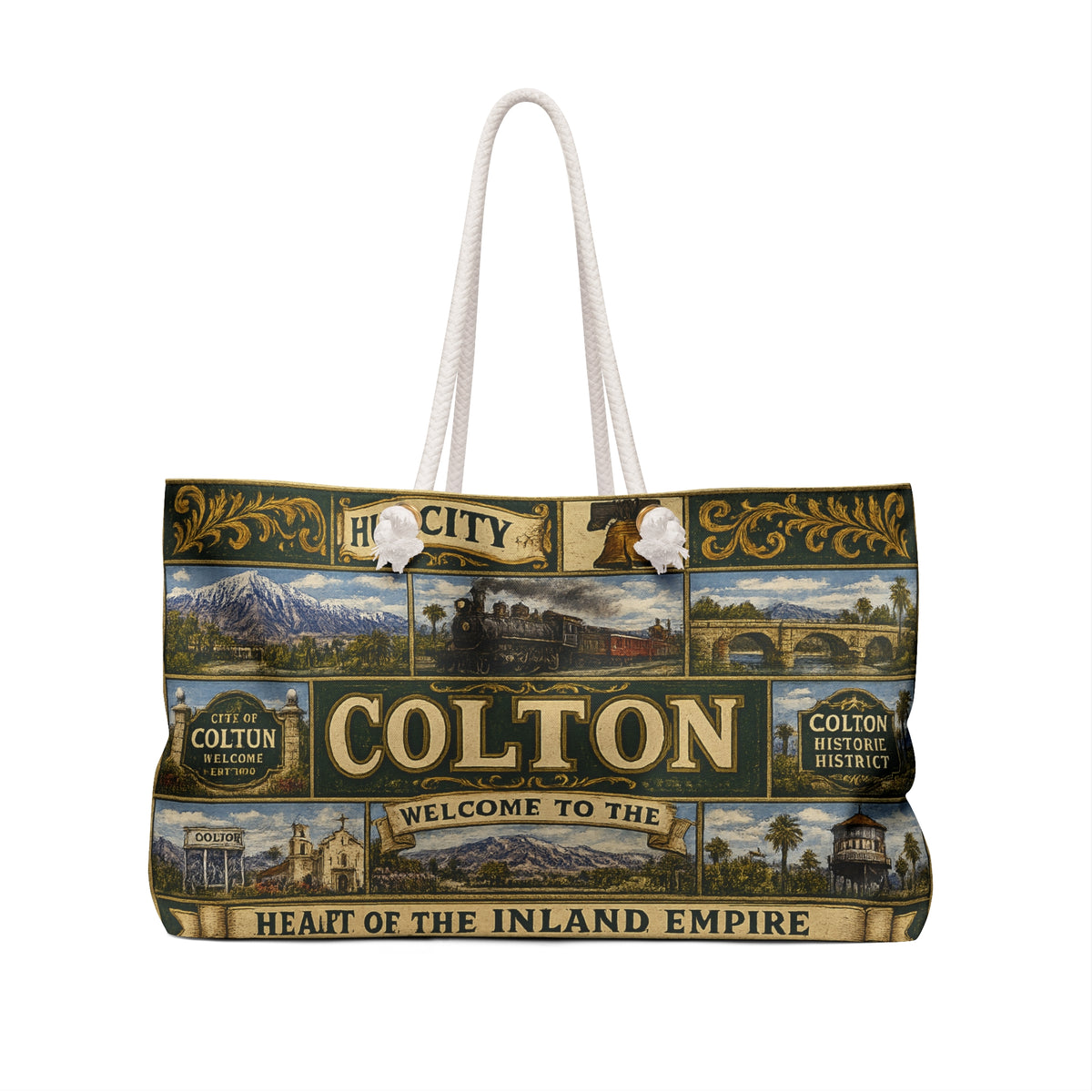Colton Vintage TColton California Weekender Bag Hub City Faux Patchwork Travel Tote Heart of the Inland Empire Railroad Heritage Giftravel Weekender Bag — "Welcome to the Heart of the Inland Empire"