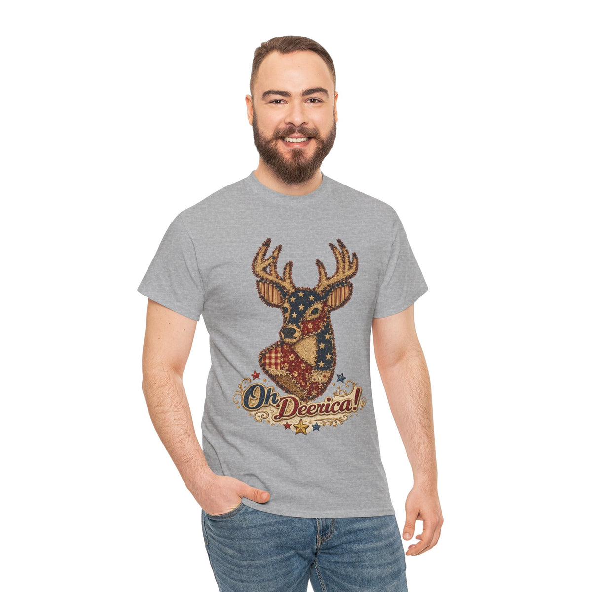 Deerica Patriotic Deer T-Shirt — "Oh Deerica!" American Flag Buck Tee