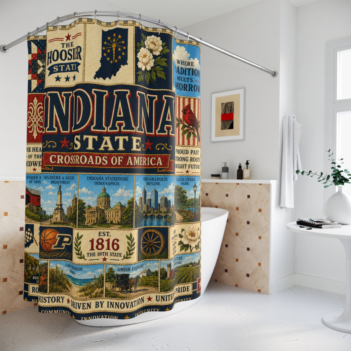 Indiana Shower Curtain, Hoosier State Decor, Crossroads of America Faux Patchwork, Indiana Landmark Bathroom Decor