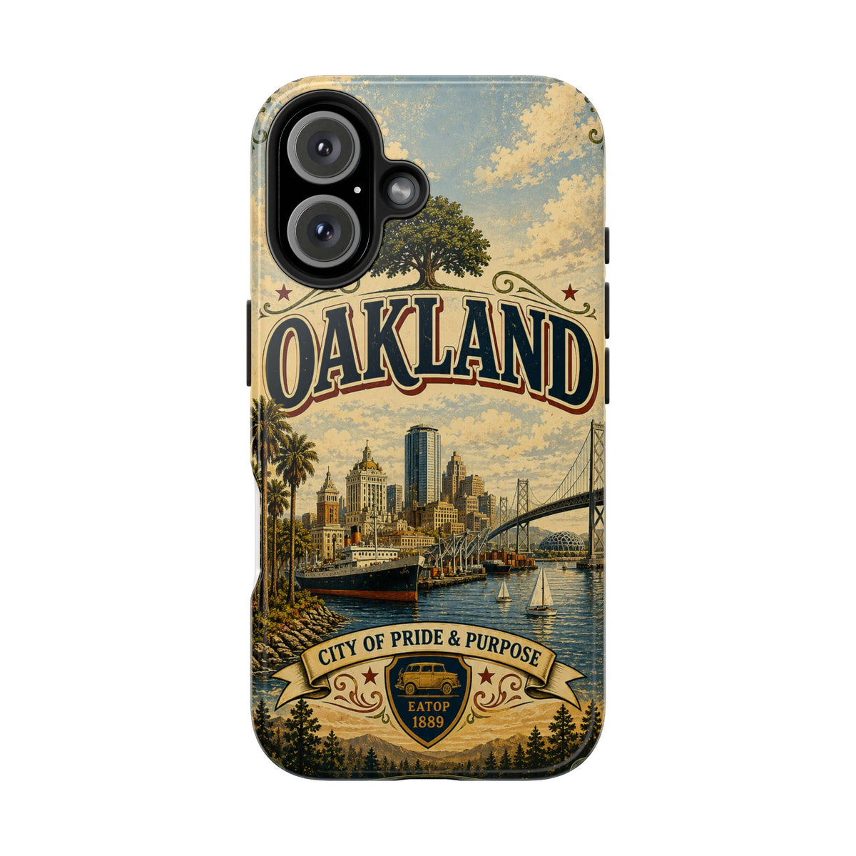 Oakland Bay Heritage Faux Patchwork Phone Case – City of Pride & Purpose Vintage Skyline Art Cover