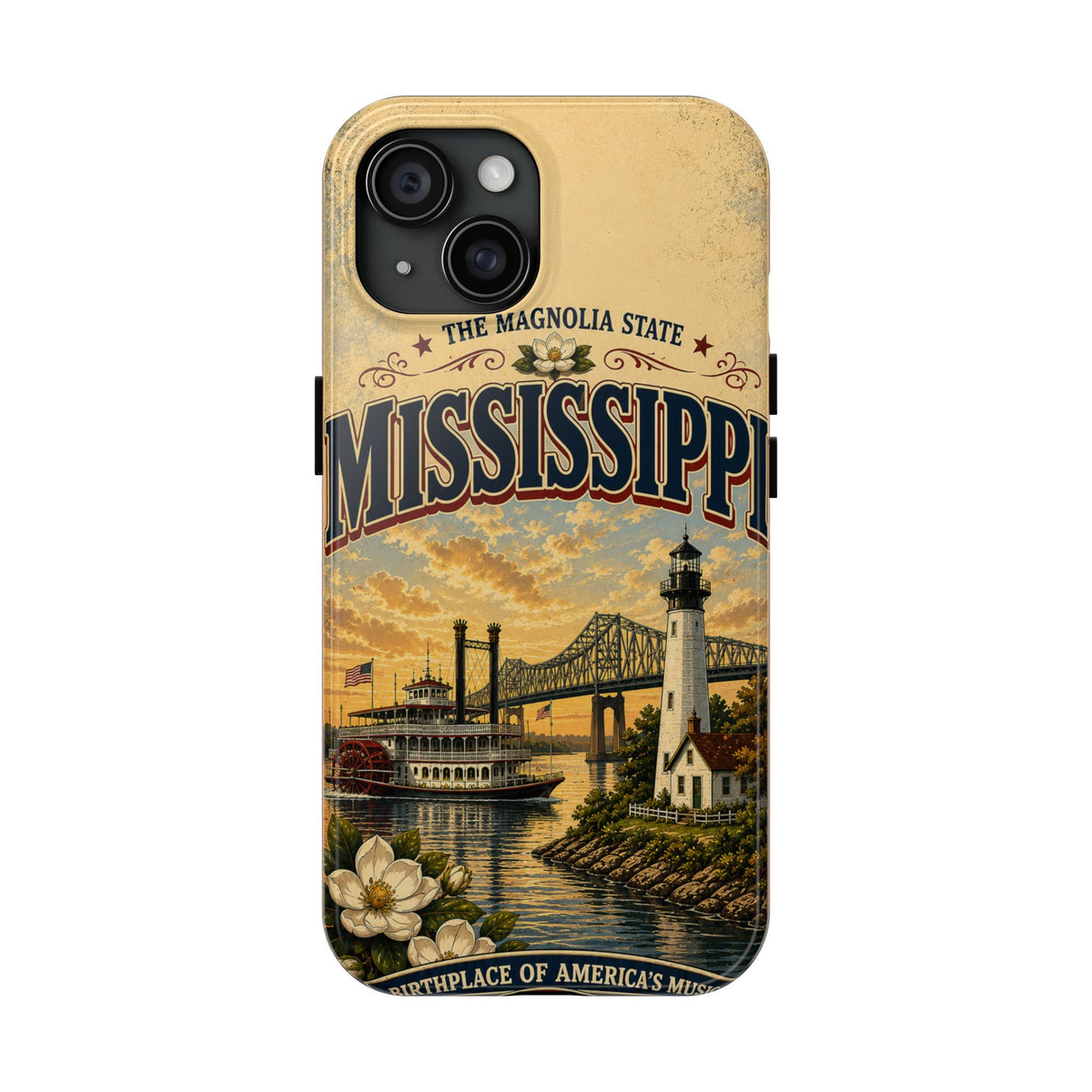 Mississippi Magnolia State Faux Patchwork Phone Case – Vintage Travel Poster Riverboat Lighthouse Design for iPhone & Samsung