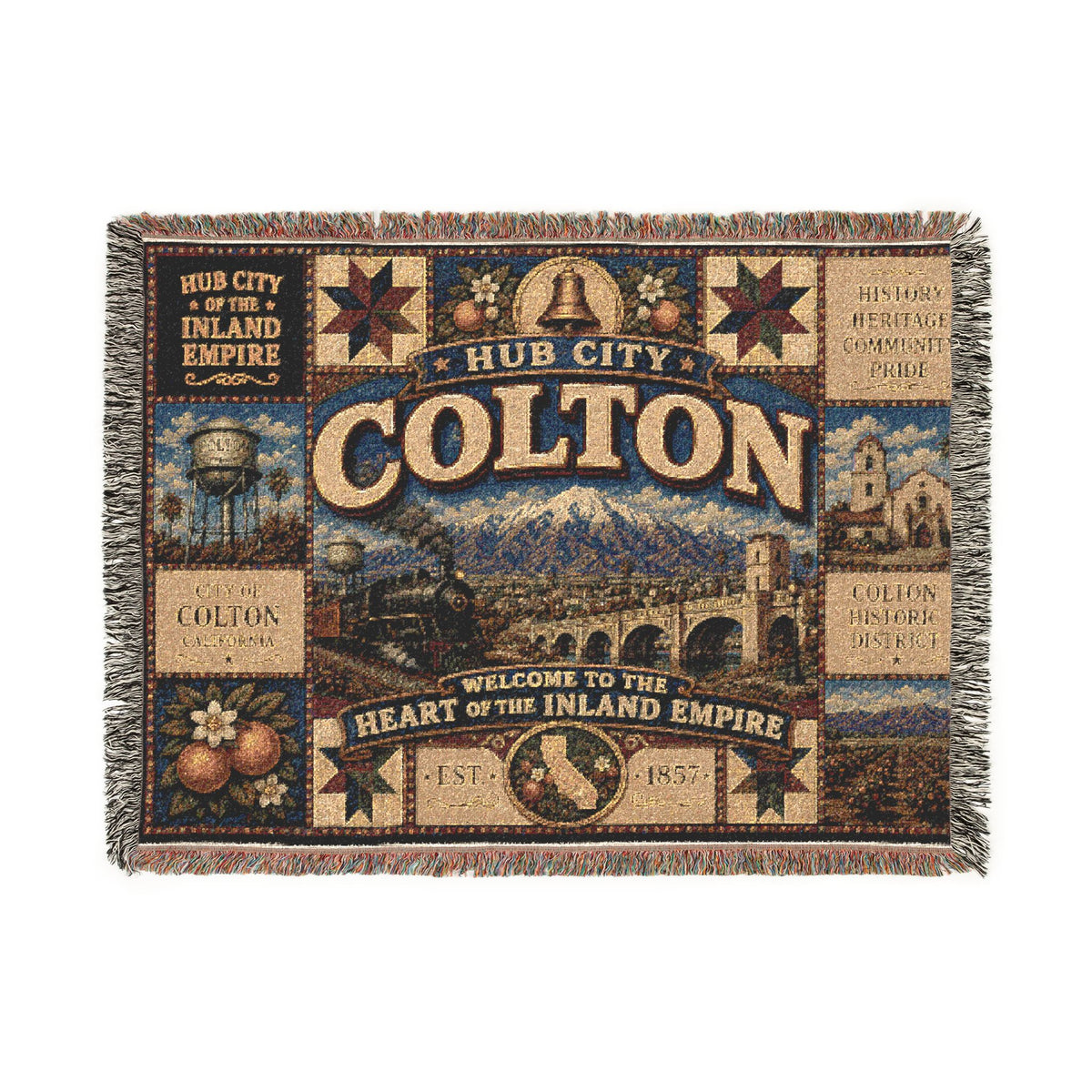 Colton City Landmark Woven Blanket — Vintage Map & Skyline Throw