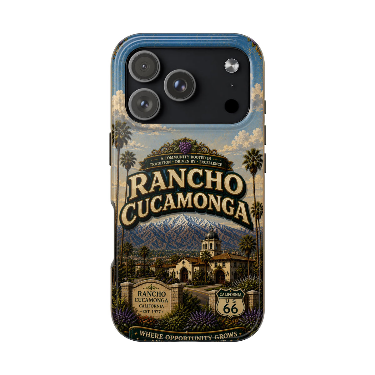 Rancho Cucamonga Where Opportunity Grows Faux Patchwork Phone Case – Route 66 Vintage Travel Art Cover