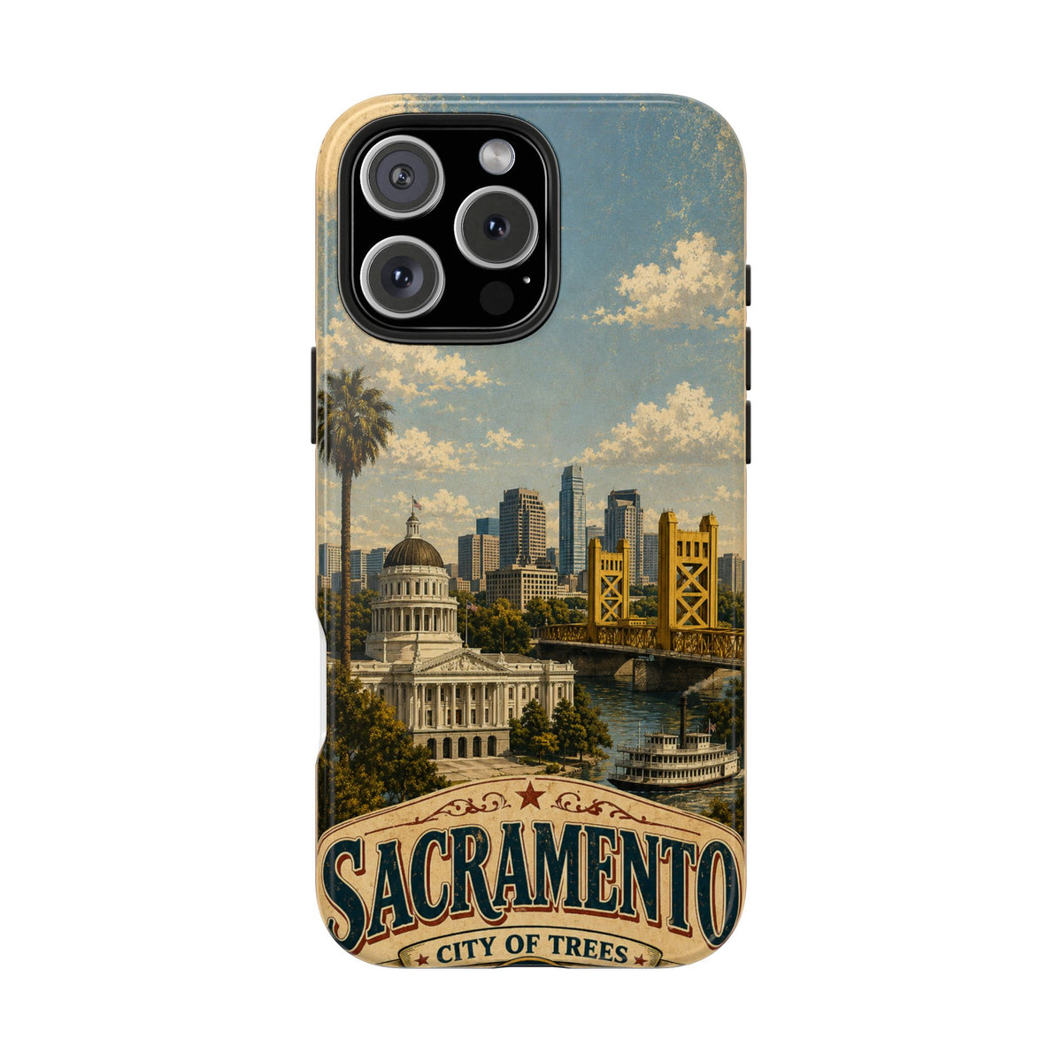 Sacramento City of Trees Faux Patchwork Phone Case Vintage California Landmark Travel Poster Cover