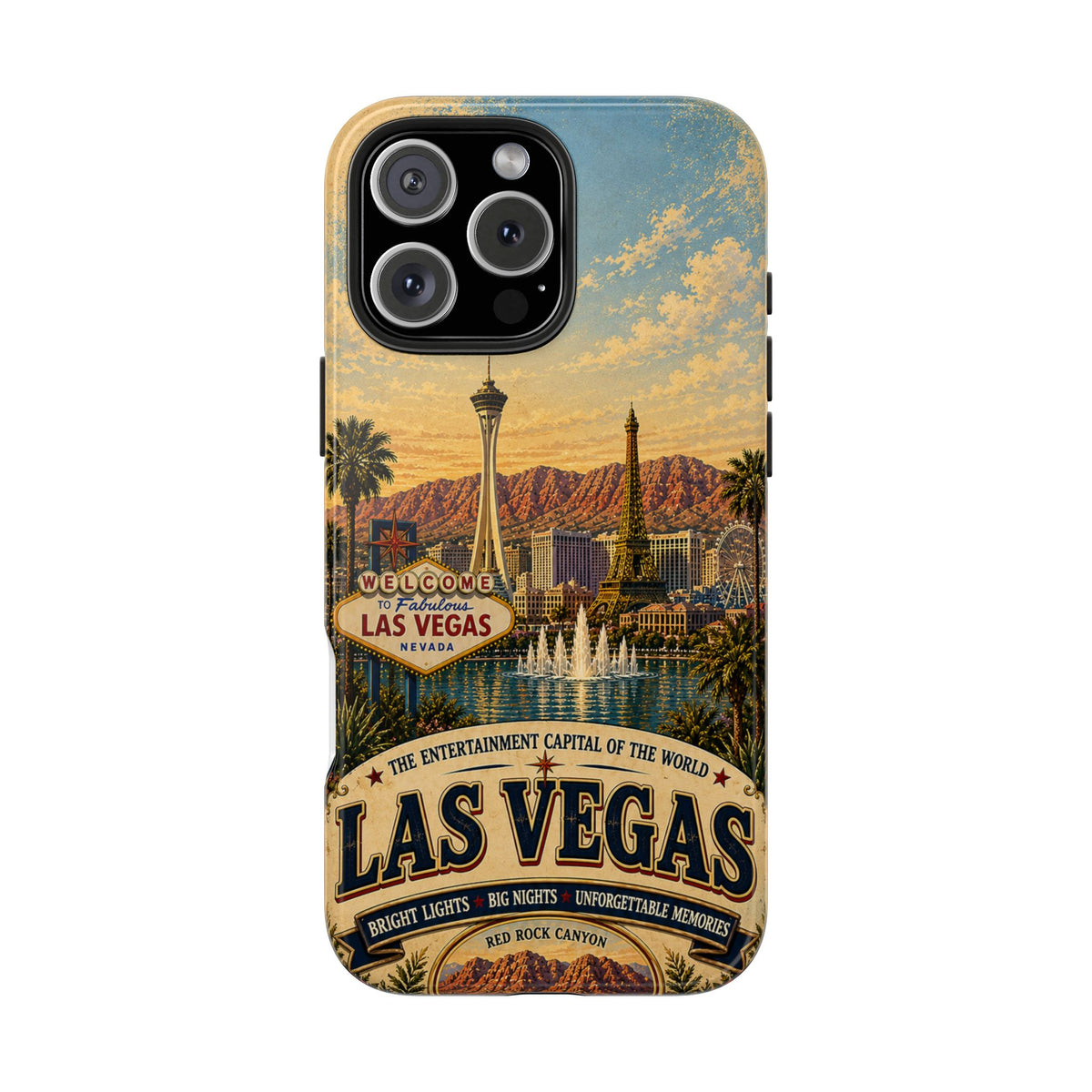 Las Vegas Faux Patchwork Phone Case – Entertainment Capital Retro Travel Art, Strip Skyline & Desert Sunset Cover