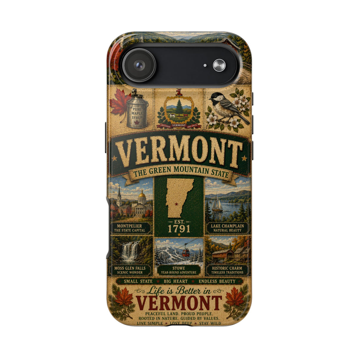 Vermont Faux Patchwork Phone Case The Green Mountain State Vintage Travel Poster Retro State Pride Cover Est 1791