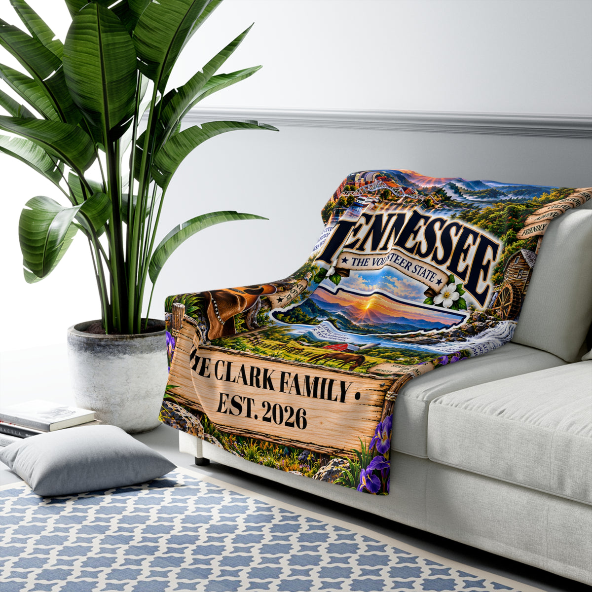 Tennessee Personalized Sherpa Fleece Blanket, Great Smoky Mountains Watermill Southern Heritage