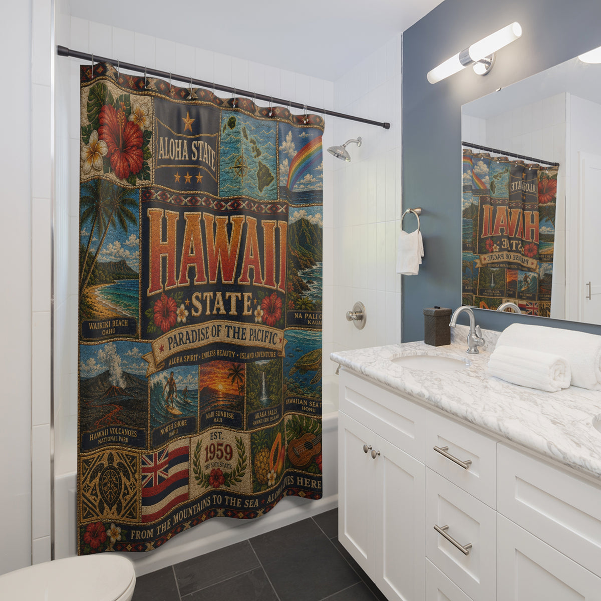Hawaii State Shower Curtain Aloha State Faux Patchwork Paradise of the Pacific Tropical Island Landmarks Hawaiian Bathroom Decor
