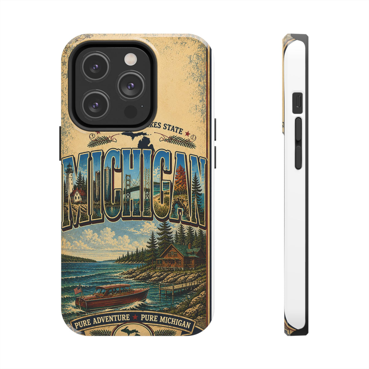 Michigan Great Lakes Faux Patchwork Phone Case – Vintage Travel Poster Style Michigan State Pride Cover for iPhone & Samsung