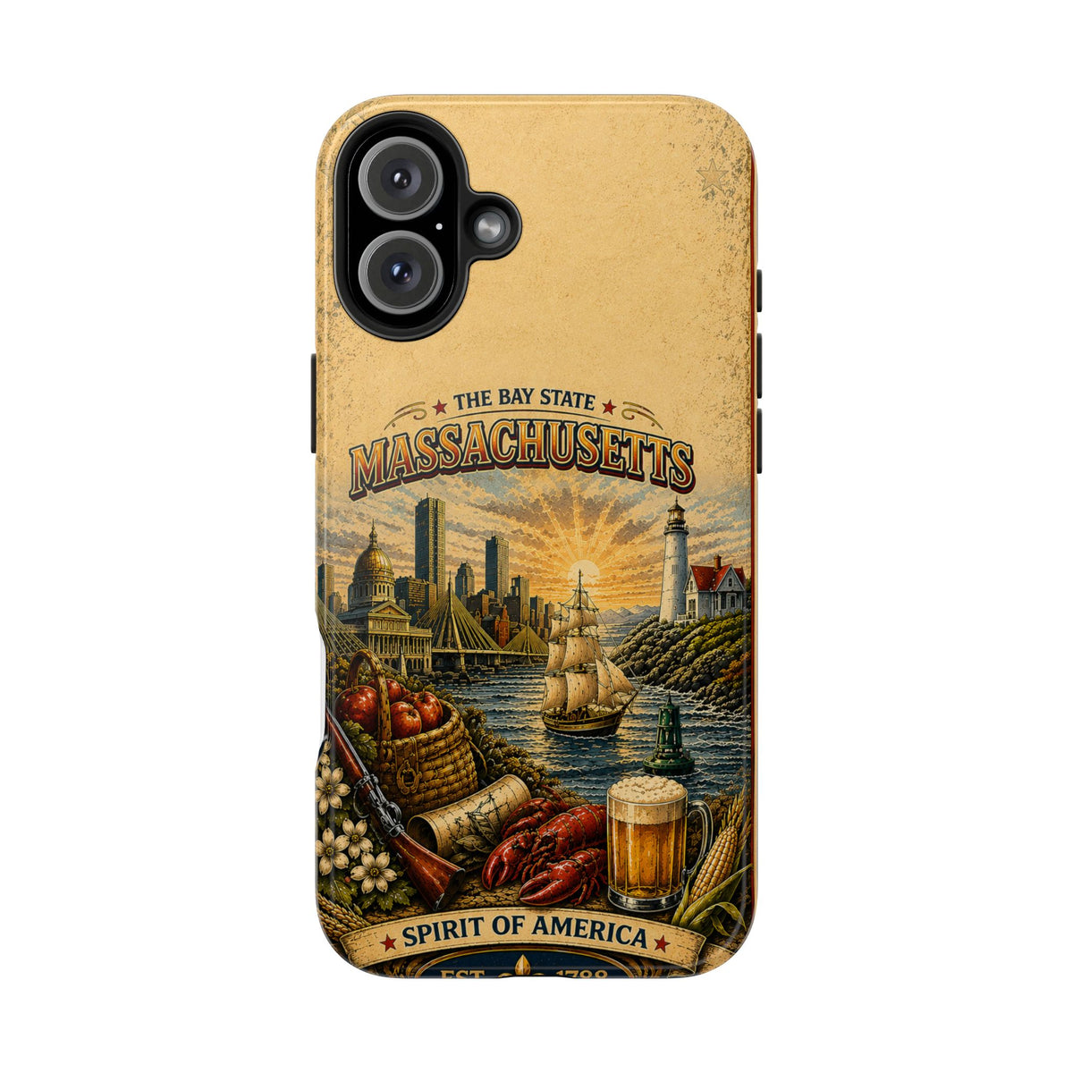 Massachusetts Bay State Faux Patchwork Phone Case – Vintage Travel Poster Style New England Souvenir Cover for iPhone & Samsung