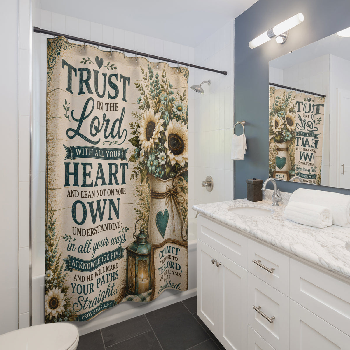 Trust in the Lord Shower Curtain | Sunflower Rustic Faith Bathroom Decor
